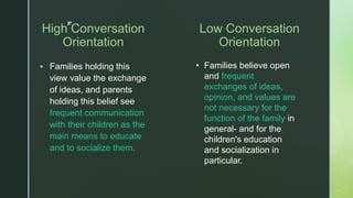 z
High Conversation
Orientation
▪ Families holding this
view value the exchange
of ideas, and parents
holding this belief see
frequent communication
with their children as the
main means to educate
and to socialize them.
Low Conversation
Orientation
• Families believe open
and frequent
exchanges of ideas,
opinion, and values are
not necessary for the
function of the family in
general- and for the
children's education
and socialization in
particular.
 