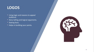 LOGOS
• Using logic and reasons to appeal
audience.
• Story telling and logical arguments.
• Stating facts.
• Helps in building your points.
 