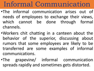 •The informal communication arises out of
needs of employees to exchange their views,
which cannot be done through formal
channels.
•Workers chit chatting in a canteen about the
behavior of the superior, discussing about
rumors that some employees are likely to be
transferred are some examples of informal
communications.
•The grapevine/ informal communication
spreads rapidly and sometimes gets distorted.
Informal Communication
 