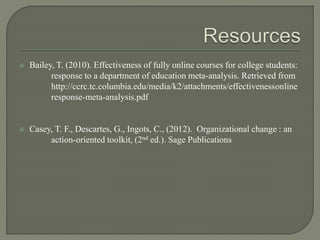  Bailey, T. (2010). Effectiveness of fully online courses for college students:
response to a department of education meta-analysis. Retrieved from
http://ccrc.tc.columbia.edu/media/k2/attachments/effectivenessonline
response-meta-analysis.pdf
 Casey, T. F., Descartes, G., Ingots, C., (2012). Organizational change : an
action-oriented toolkit, (2nd ed.). Sage Publications
 