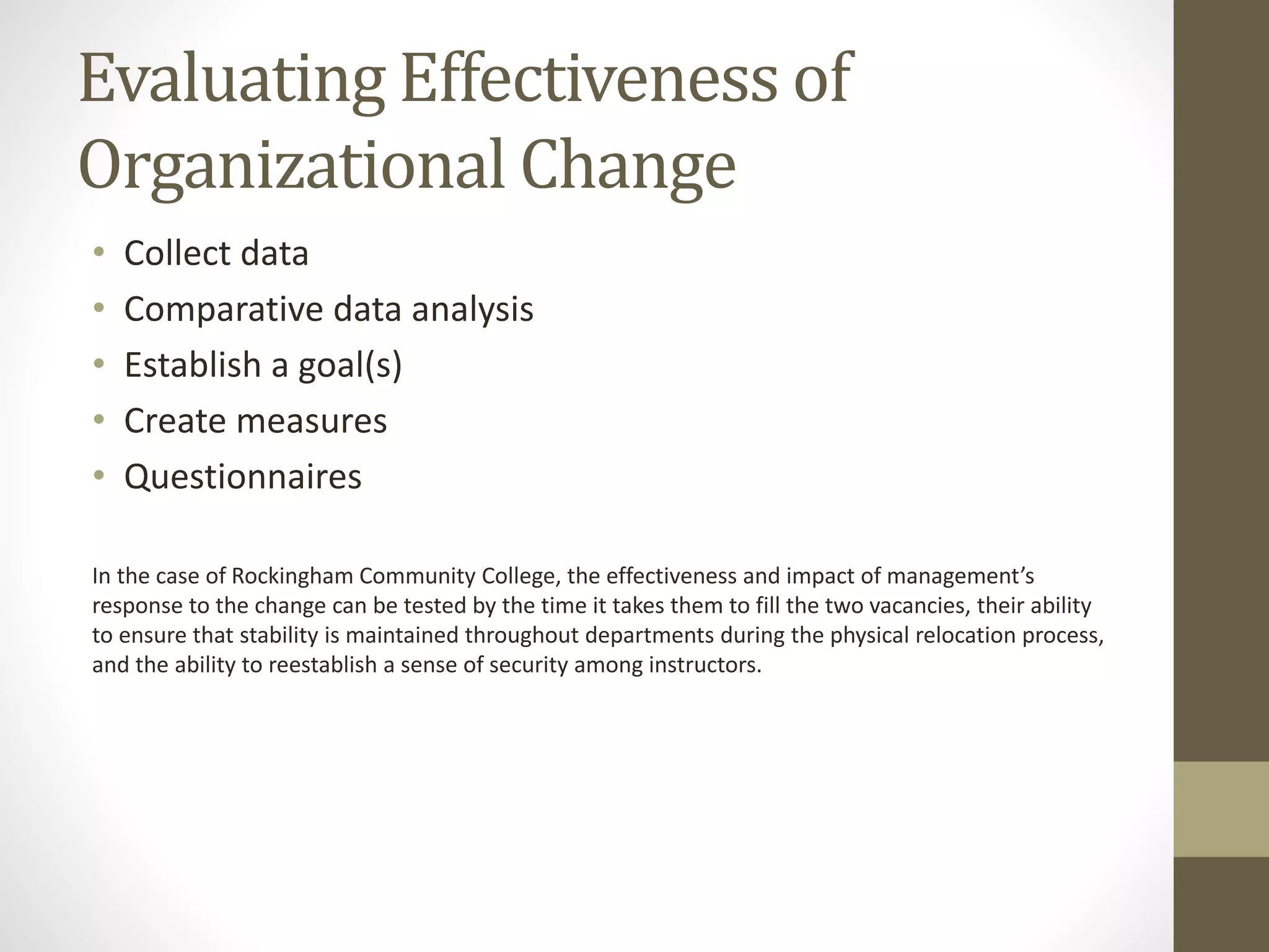 Evaluating Effectiveness of
Organizational Change
• Collect data
• Comparative data analysis
• Establish a goal(s)
• Create measures
• Questionnaires
In the case of Rockingham Community College, the effectiveness and impact of management’s
response to the change can be tested by the time it takes them to fill the two vacancies, their ability
to ensure that stability is maintained throughout departments during the physical relocation process,
and the ability to reestablish a sense of security among instructors.
 