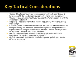  Timing – How long should your communication outreach last? Should it
have phases? Is it a one-time announcement or long-term campaign?
 Volume – Howprominentshould your outreach be?Where does it fit with the
overall corporate mix?
 Frequency - Does the information require frequent repetition or evolving
messaging?
 Channels –What communication methods best suit the information you are
trying to convey and behaviors you are seeking? Does it require detailed
explanation or training? Is it complex or thematic? Should you emphasize
face-to-face, collateral and/or digital content?
 Feedback – How will you collect and address employee questions or
comments? Do you anticipate much reaction?
 Globalization –Will your audience include disparate global regions – and
different languages?
 