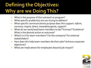  What is the purpose of this outreach or program?
 What specific problem(s) are you trying to address?
 What specific communications purpose does this support: inform,
convince, inspire, direct, reward/recognize, support?
 What do we want/need team members to do?To know?To believe?
What is the desired action or outcome?
 What’s in it for team members? For the company? For external
stakeholders?
 How does this help team members do their jobs? Achieve corporate
objectives?
 What are implications for employees beyond job impact?
 