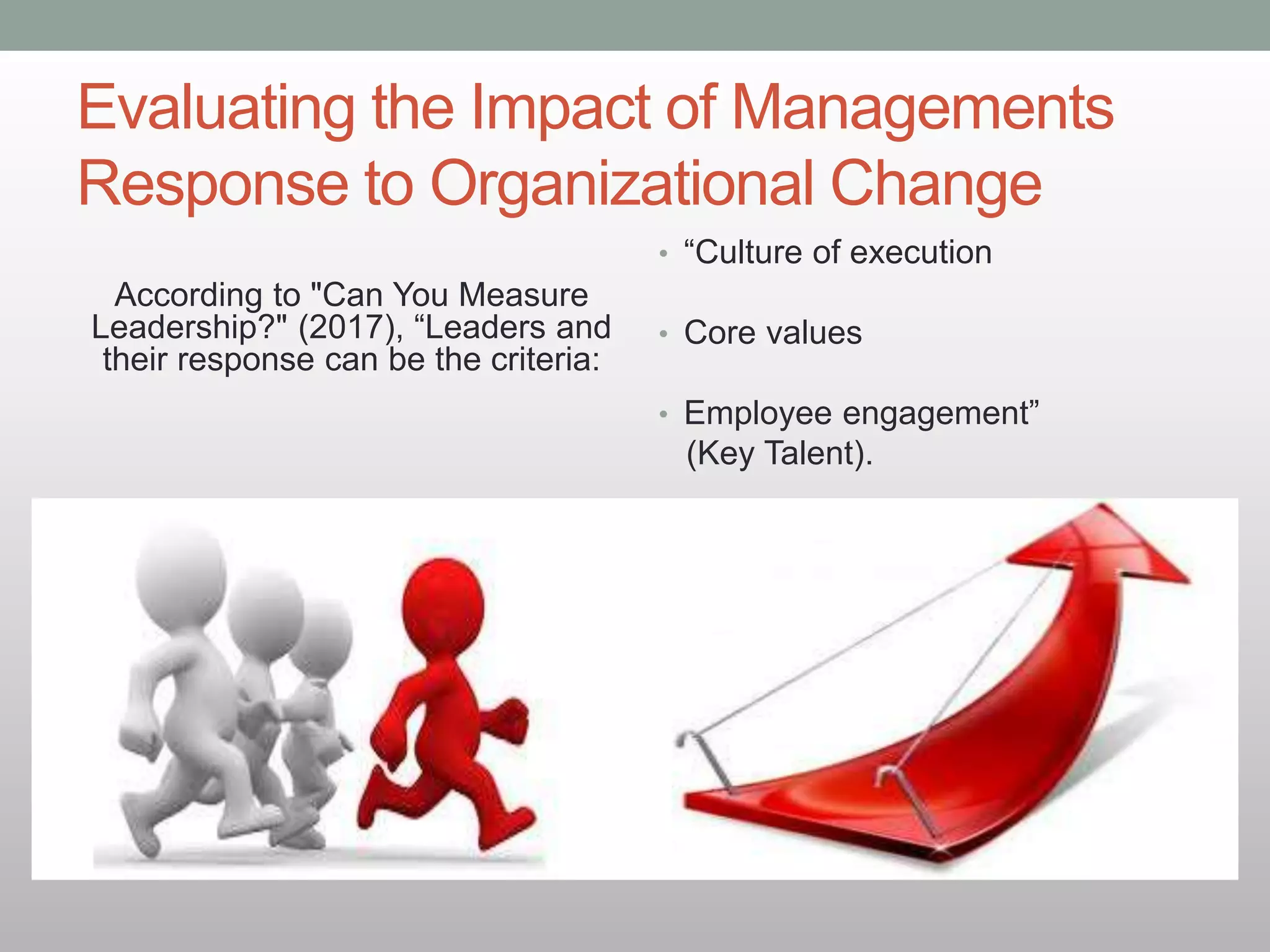 Evaluating the Impact of Managements
Response to Organizational Change
According to "Can You Measure
Leadership?" (2017), “Leaders and
their response can be the criteria:
• “Culture of execution
• Core values
• Employee engagement”
(Key Talent).
 