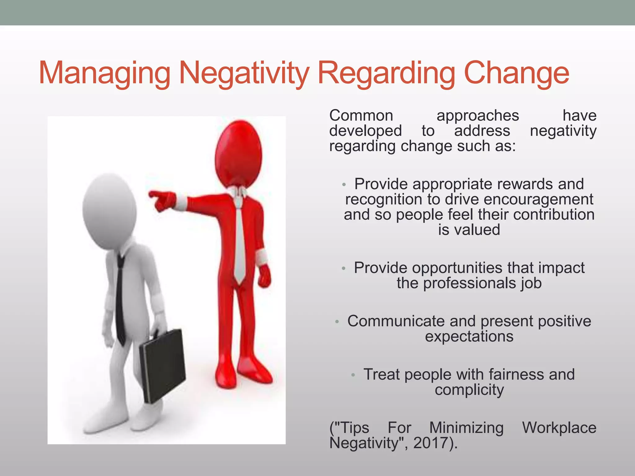 Managing Negativity Regarding Change
Common approaches have
developed to address negativity
regarding change such as:
• Provide appropriate rewards and
recognition to drive encouragement
and so people feel their contribution
is valued
• Provide opportunities that impact
the professionals job
• Communicate and present positive
expectations
• Treat people with fairness and
complicity
("Tips For Minimizing Workplace
Negativity", 2017).
 