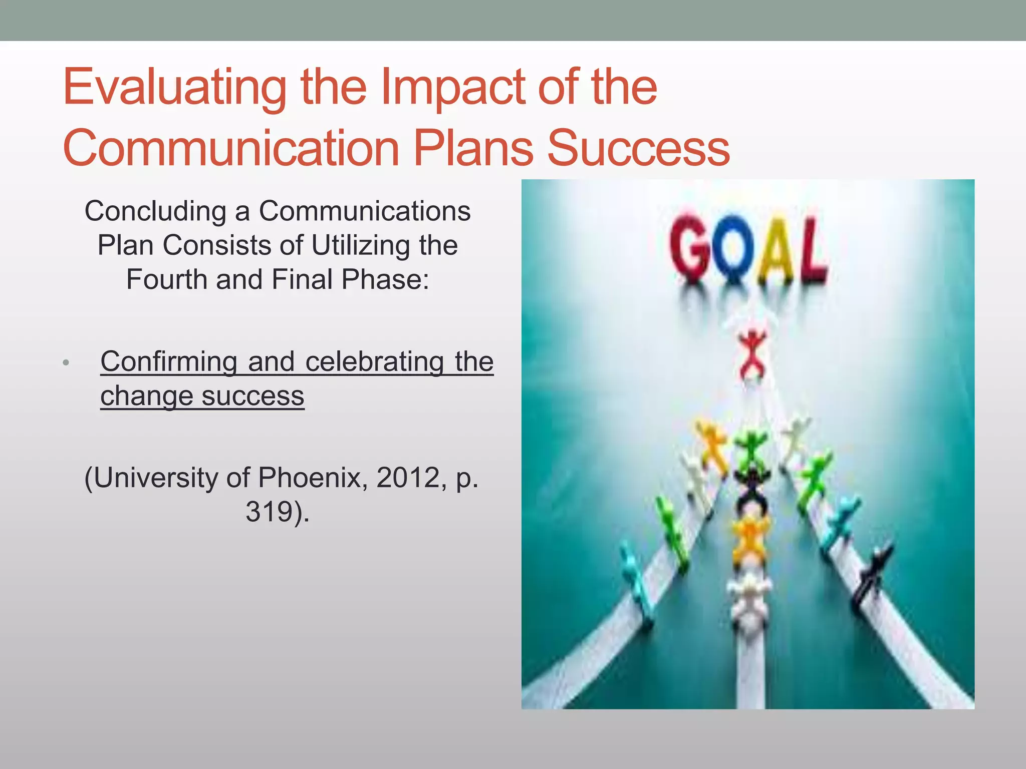 Evaluating the Impact of the
Communication Plans Success
Concluding a Communications
Plan Consists of Utilizing the
Fourth and Final Phase:
• Confirming and celebrating the
change success
(University of Phoenix, 2012, p.
319).
 
