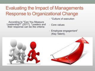 Evaluating the Impact of Managements
Response to Organizational Change
According to "Can You Measure
Leadership?" (2017), “Leaders and
their response can be the criteria:
• “Culture of execution
• Core values
• Employee engagement”
(Key Talent).
 