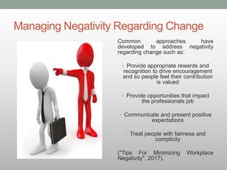 Managing Negativity Regarding Change
Common approaches have
developed to address negativity
regarding change such as:
• Provide appropriate rewards and
recognition to drive encouragement
and so people feel their contribution
is valued
• Provide opportunities that impact
the professionals job
• Communicate and present positive
expectations
• Treat people with fairness and
complicity
("Tips For Minimizing Workplace
Negativity", 2017).
 