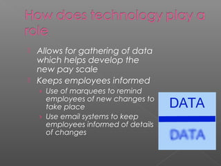  Allows for gathering of data
which helps develop the
new pay scale
 Keeps employees informed
› Use of marquees to remind
employees of new changes to
take place
› Use email systems to keep
employees informed of details
of changes
 