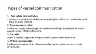 Types of verbal communication
1. Face to face communication
• involves the speaker and the listener interacting face to face such as in dyadic, small
group or public speaking.
2. Telephone conversation:
involve two people interacting by use of telephone though it is possible for a small
group by means of teleconferencing.
3. The radio
makes it possible to speak to a large number of people at the same time.
4. Written communication:
involves use of written forms of communication such as letters, memos, reports,
circulars, etc.
 