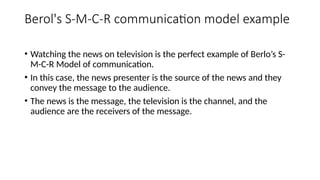 Berol's S-M-C-R communication model example
• Watching the news on television is the perfect example of Berlo’s S-
M-C-R Model of communication.
• In this case, the news presenter is the source of the news and they
convey the message to the audience.
• The news is the message, the television is the channel, and the
audience are the receivers of the message.
 