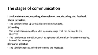 The stages of communication
• are idea formation, encoding, channel selection, decoding, and feedback.
1.Idea formation
• The sender comes up with an idea to communicate.
2.Encoding
• The sender translates their idea into a message that can be sent to the
receiver.
• The sender uses a medium, such as a phone call, email, or in-person meeting,
to send the message.
3.Channel selection
• The sender chooses a medium to send the message.
 