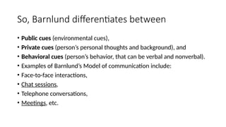 So, Barnlund differentiates between
• Public cues (environmental cues),
• Private cues (person’s personal thoughts and background), and
• Behavioral cues (person’s behavior, that can be verbal and nonverbal).
• Examples of Barnlund’s Model of communication include:
• Face-to-face interactions,
• Chat sessions,
• Telephone conversations,
• Meetings, etc.
 