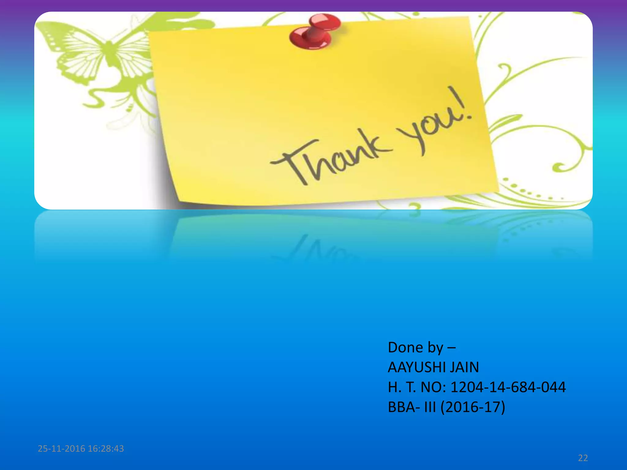 25-11-2016 16:28:43
22
Done by –
AAYUSHI JAIN
H. T. NO: 1204-14-684-044
BBA- III (2016-17)
 