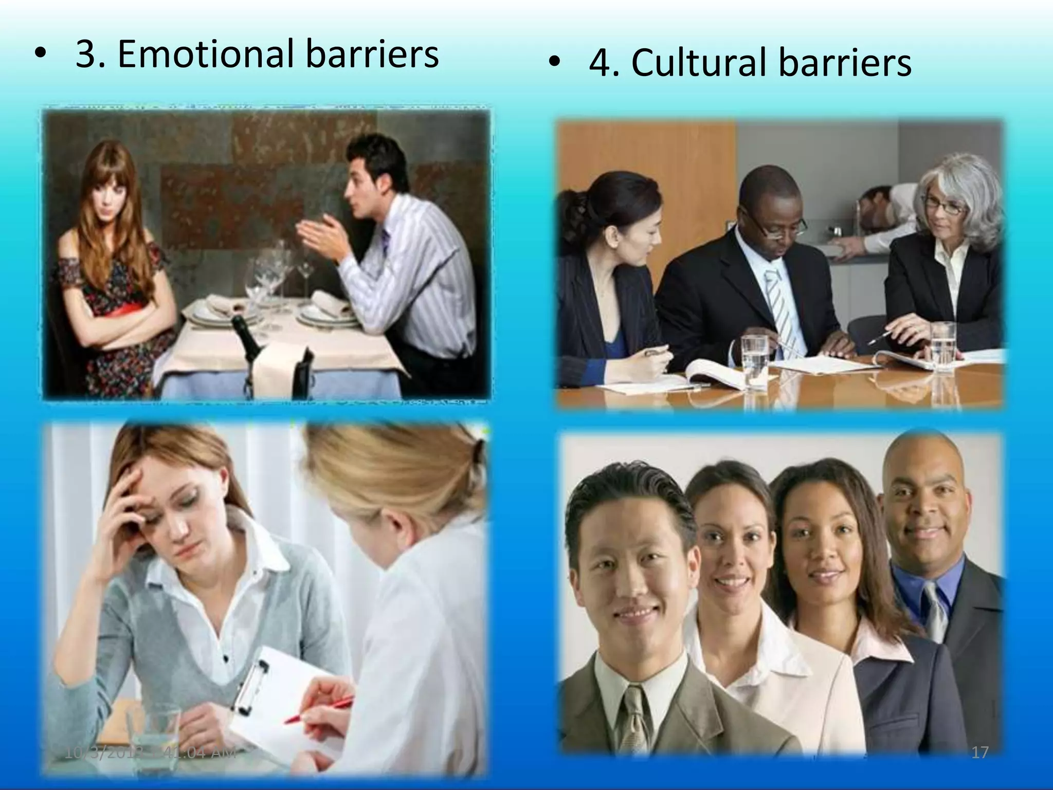 • 3. Emotional barriers • 4. Cultural barriers
10/3/2013 1:41:04 AM 17
 