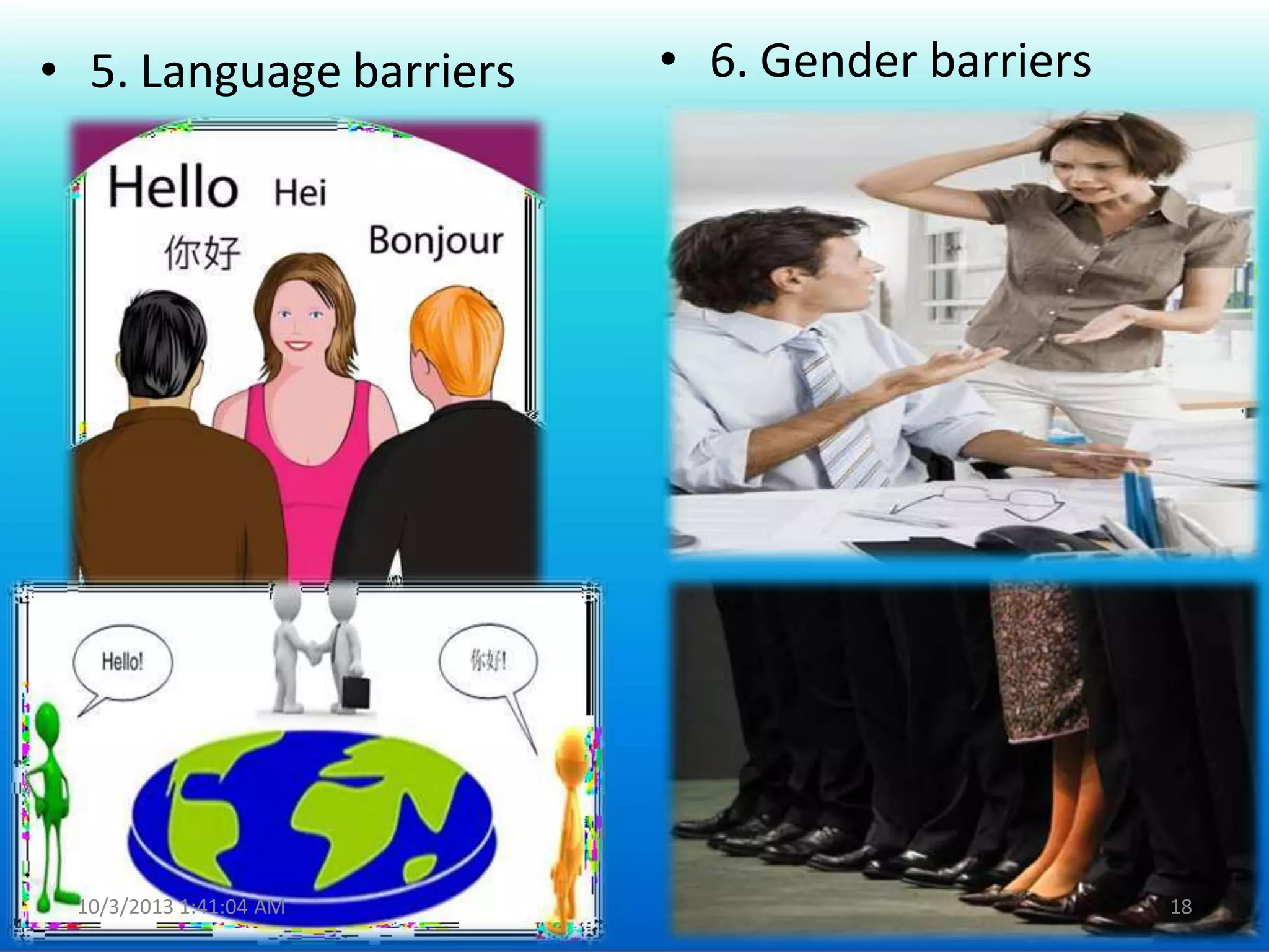 • 5. Language barriers • 6. Gender barriers
10/3/2013 1:41:04 AM 18
 