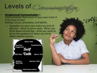 Levels of
• Intrapersonal Communication is
communication that occurs in your own mind. It
is the basis of your
feelings, biases, prejudices, and beliefs.
– Examples are when you make any kind of
decision – what to eat or wear. When you
think about something – what you want to
do on the weekend or when you think
about another person.
10/3/2013 1:41:04 AM 10
 