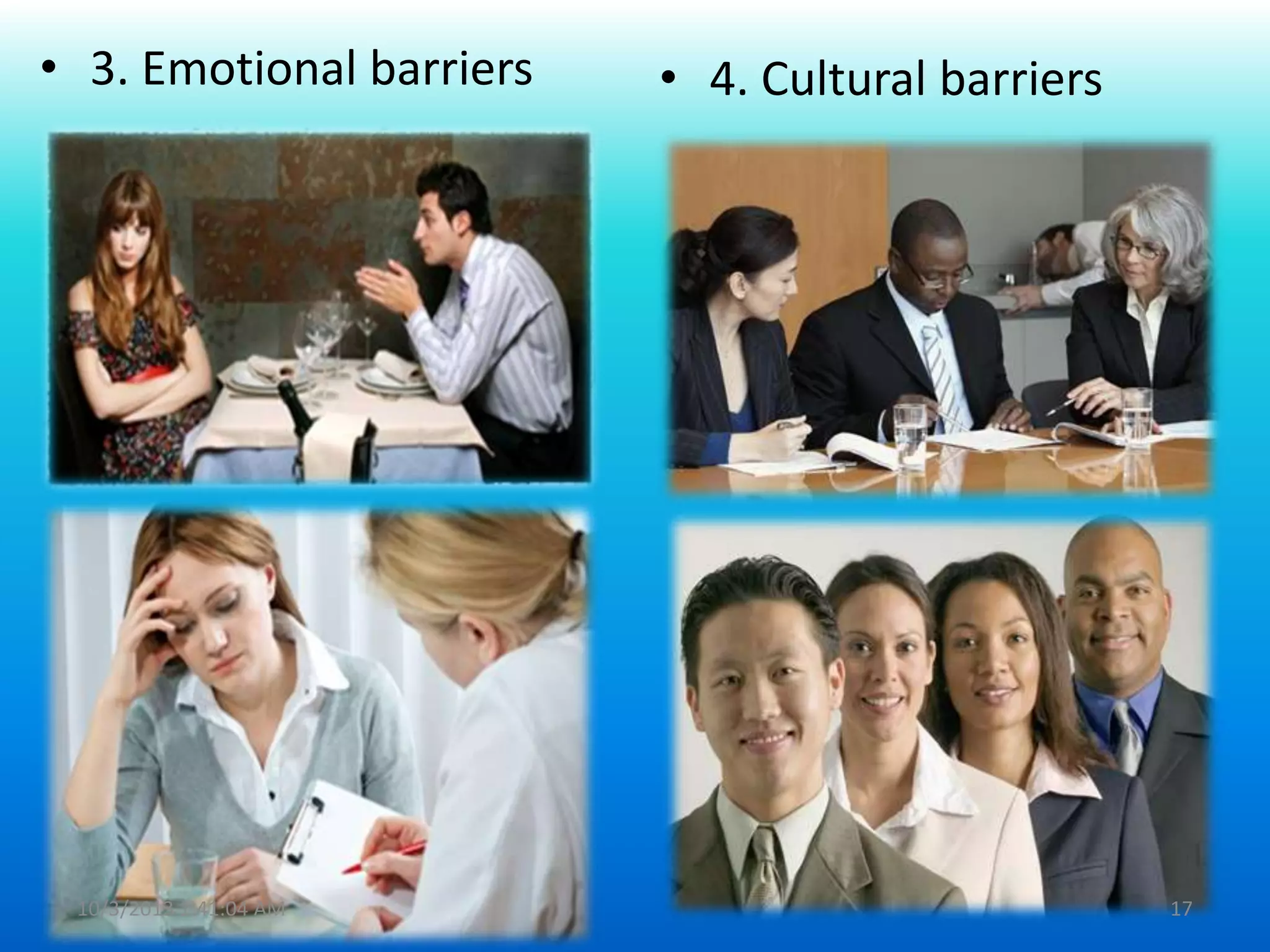 • 3. Emotional barriers • 4. Cultural barriers
10/3/2013 1:41:04 AM 17
 