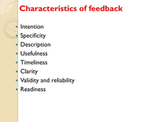 Characteristics of feedback











Intention
Specificity
Description
Usefulness
Timeliness
Clarity
Validity an...