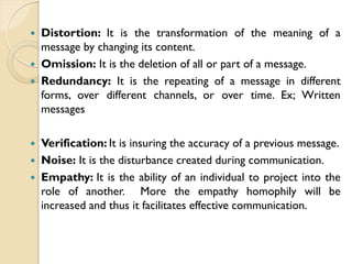 Distortion: It is the transformation of the meaning of a
message by changing its content.
 Omission: It is the deletion o...