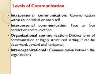 Levels of Communication
Intrapersonal communication: Communication
within an individual or one’s self
 Interpersonal comm...