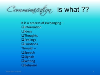 is what ??
It is a process of exchanging –
Information
Ideas
Thoughts
Feelings
Emotions
Through –
Speech
Signals
Writing
Behavior
30-04-2015 10:22:46 4
 