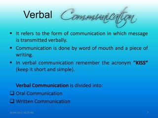 Verbal
 It refers to the form of communication in which message
is transmitted verbally.
 Communication is done by word of mouth and a piece of
writing.
 In verbal communication remember the acronym “KISS”
(keep it short and simple).
Verbal Communication is divided into:
 Oral Communication
 Written Communication
30-04-2015 10:22:46 7
 