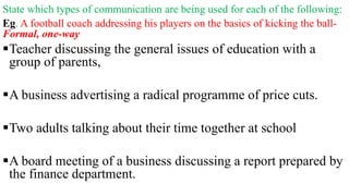 State which types of communication are being used for each of the following:
Eg. A football coach addressing his players on the basics of kicking the ball-
Formal, one-way
Teacher discussing the general issues of education with a
group of parents,
A business advertising a radical programme of price cuts.
Two adults talking about their time together at school
A board meeting of a business discussing a report prepared by
the finance department.
 