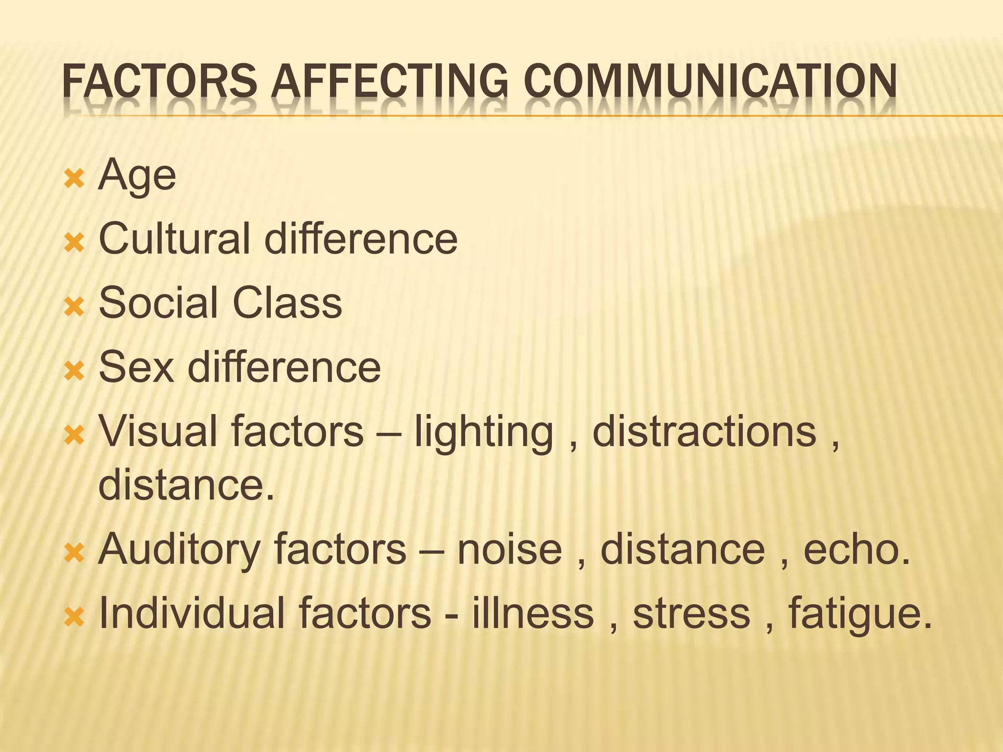 FACTORS AFFECTING COMMUNICATION
Age
Cultural difference
Social Class
Sex difference
Visual factors – lighting , distractions ,
distance.
Auditory factors – noise , distance , echo.
Individual factors - illness , stress , fatigue.