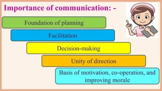 Importance of communication: -
Foundation of planning
Facilitation
Decision-making
Unity of direction
Basis of motivation, co-operation, and
improving morale
 