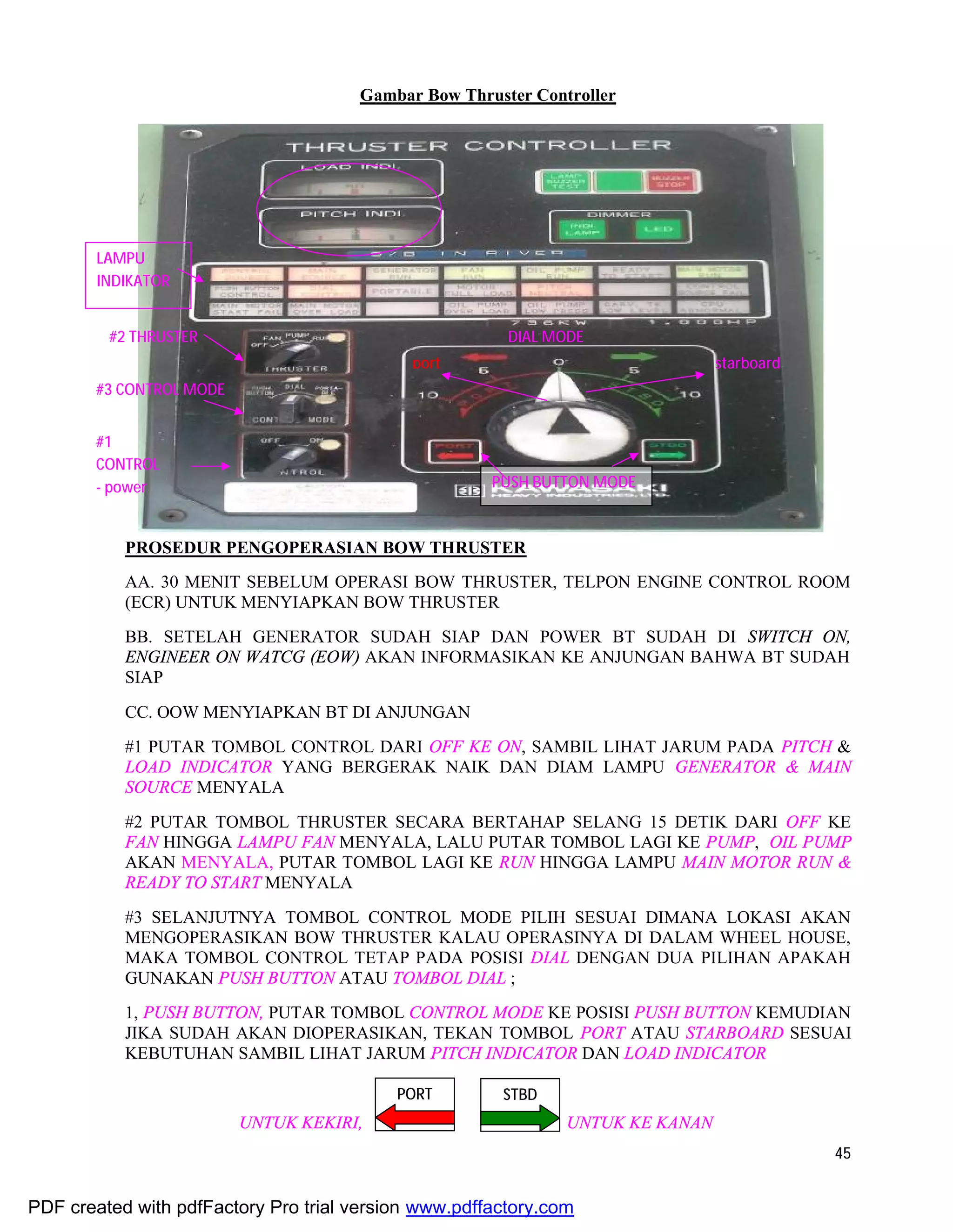 45
Gambar Bow Thruster Controller
PROSEDUR PENGOPERASIAN BOW THRUSTER
AA. 30 MENIT SEBELUM OPERASI BOW THRUSTER, TELPON ENGINE CONTROL ROOM
(ECR) UNTUK MENYIAPKAN BOW THRUSTER
BB. SETELAH GENERATOR SUDAH SIAP DAN POWER BT SUDAH DI SWITCH ON,
ENGINEER ON WATCG (EOW) AKAN INFORMASIKAN KE ANJUNGAN BAHWA BT SUDAH
SIAP
CC. OOW MENYIAPKAN BT DI ANJUNGAN
#1 PUTAR TOMBOL CONTROL DARI OFF KE ON, SAMBIL LIHAT JARUM PADA PITCH &
LOAD INDICATOR YANG BERGERAK NAIK DAN DIAM LAMPU GENERATOR & MAIN
SOURCE MENYALA
#2 PUTAR TOMBOL THRUSTER SECARA BERTAHAP SELANG 15 DETIK DARI OFF KE
FAN HINGGA LAMPU FAN MENYALA, LALU PUTAR TOMBOL LAGI KE PUMP, OIL PUMP
AKAN MENYALA, PUTAR TOMBOL LAGI KE RUN HINGGA LAMPU MAIN MOTOR RUN &
READY TO START MENYALA
#3 SELANJUTNYA TOMBOL CONTROL MODE PILIH SESUAI DIMANA LOKASI AKAN
MENGOPERASIKAN BOW THRUSTER KALAU OPERASINYA DI DALAM WHEEL HOUSE,
MAKA TOMBOL CONTROL TETAP PADA POSISI DIAL DENGAN DUA PILIHAN APAKAH
GUNAKAN PUSH BUTTON ATAU TOMBOL DIAL ;
1, PUSH BUTTON, PUTAR TOMBOL CONTROL MODE KE POSISI PUSH BUTTON KEMUDIAN
JIKA SUDAH AKAN DIOPERASIKAN, TEKAN TOMBOL PORT ATAU STARBOARD SESUAI
KEBUTUHAN SAMBIL LIHAT JARUM PITCH INDICATOR DAN LOAD INDICATOR
UNTUK KEKIRI, UNTUK KE KANAN
port starboard
#1
CONTROL
- power
#2 THRUSTER
#3 CONTROL MODE
DIAL MODE
PORT STBD
LAMPU
INDIKATOR
PUSH BUTTON MODE
PDF created with pdfFactory Pro trial version www.pdffactory.com
 