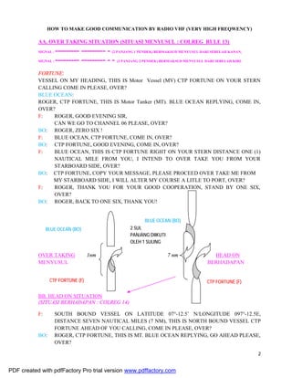 2
2 SULING
PANJANG DIIKUTI
OLEH 1 SULING
PENDEK
HOW TO MAKE GOOD COMMUNICATION BY RADIO VHF (VERY HIGH FREQWENCY)
AA. OVER TAKING SITUATION (SITUASI MENYUSUL : COLREG RULE 13)
SIGNAL : --------- --------- - (2 PANJANG 1 PENDEK) BERMAKSUD MENYUSUL DARI SEBELAH KANAN,
SIGNAL : --------- --------- - - (2 PANJANG 2 PENDEK) BERMAKSUD MENYUSUL DARI SEBELAH KIRI.
FORTUNE:
VESSEL ON MY HEADING, THIS IS Motor Vessel (MV) CTP FORTUNE ON YOUR STERN
CALLING COME IN PLEASE, OVER?
BLUE OCEAN:
ROGER, CTP FORTUNE, THIS IS Motor Tanker (MT). BLUE OCEAN REPLYING, COME IN,
OVER?
F: ROGER, GOOD EVENING SIR,
CAN WE GO TO CHANNEL 06 PLEASE, OVER?
BO: ROGER, ZERO SIX !
F: BLUE OCEAN, CTP FORTUNE, COME IN, OVER?
BO: CTP FORTUNE, GOOD EVENING, COME IN, OVER?
F: BLUE OCEAN, THIS IS CTP FORTUNE RIGHT ON YOUR STERN DISTANCE ONE (1)
NAUTICAL MILE FROM YOU, I INTEND TO OVER TAKE YOU FROM YOUR
STARBOARD SIDE, OVER?
BO: CTP FORTUNE, COPY YOUR MESSAGE, PLEASE PROCEED OVER TAKE ME FROM
MY STARBOARD SIDE, I WILL ALTER MY COURSE A LITLE TO PORT, OVER?
F: ROGER, THANK YOU FOR YOUR GOOD COOPERATION, STAND BY ONE SIX,
OVER?
BO: ROGER, BACK TO ONE SIX, THANK YOU!
OVER TAKING 1nm 7 nm HEAD ON
MENYUSUL BERHADAPAN
BB. HEAD ON SITUATION
(SITUASI BERHADAPAN : COLREG 14)
F: SOUTH BOUND VESSEL ON LATITUDE 07°-12.5’ N/LONGITUDE 097°-12.5E,
DISTANCE SEVEN NAUTICAL MILES (7 NM), THIS IS NORTH BOUND VESSEL CTP
FORTUNE AHEAD OF YOU CALLING, COME IN PLEASE, OVER?
BO: ROGER, CTP FORTUNE, THIS IS MT. BLUE OCEAN REPLYING, GO AHEAD PLEASE,
OVER?
BLUE OCEAN (BO)
BLUE OCEAN (BO)
CTP FORTUNE (F) CTP FORTUNE (F)
PDF created with pdfFactory Pro trial version www.pdffactory.com
 