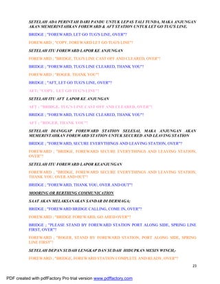 23
SETELAH ADA PERINTAH DARI PANDU UNTUK LEPAS TALI TUNDA, MAKA ANJUNGAN
AKAN MEMERINTAHKAN FOREWARD & AFT STATION UNTUK LET GO TUG'S LINE.
BRIDGE ; "FOREWARD, LET GO TUG'S LINE, OVER"?
FOREWARD ; "COPY, FOREWARD LET GO TUG'S LINE"!
SETELAH ITU FOREWARD LAPOR KE ANJUNGAN
FOREWARD ; "BRIDGE, TUG'S LINE CAST OFF AND CLEARED, OVER"!
BRIDGE ; "FOREWARD, TUG'S LINE CLEARED, THANK YOU"!
FOREWARD ; "ROGER, THANK YOU"!
BRIDGE ; "AFT, LET GO TUG'S LINE, OVER"?
AFT; "COPY, LET GO TUG'S LINE"!
SETELAH ITU AFT LAPOR KE ANJUNGAN
AFT ; "BRIDGE, TUG'S LINE CAST OFF AND CLEARED, OVER"!
BRIDGE ; "FOREWARD, TUG'S LINE CLEARED, THANK YOU"!
AFT ; "ROGER, THANK YOU"!
SETELAH DIANGGAP FOREWARD STATION SELESAI, MAKA ANJUNGAN AKAN
MEMERINTAHKAN FOREWARD STATION UNTUK SECURED AND LEAVING STATION
BRIDGE ; "FOREWARD, SECURE EVERYTHINGS AND LEAVING STATION, OVER"?
FOREWARD ; "BRIDGE, FOREWARD SECURE EVERYTHINGS AND LEAVING STATION,
OVER"?
SETELAH ITU FOREWARD LAPOR KEANJUNGAN
FOREWARD ; "BRIDGE, FOREWARD SECURE EVERYTHINGS AND LEAVING STATION,
THANK YOU, OVER AND OUT"!
BRIDGE ; "FOREWARD, THANK YOU, OVER AND OUT"!
MOORING OR BERTHING COMMUNICATION
SAAT AKAN MELAKSANAKAN SANDAR DI DERMAGA;
BRIDGE ; "FOREWARD BRIDGE CALLING, COME IN, OVER"?
FOREWARD ; "BRIDGE FOREWARD, GO AHED OVER"?
BRIDGE ; "PLEASE STAND BY FOREWARD STATION PORT ALONG SIDE, SPRING LINE
FIRST, OVER"?
FOREWARD ; "ROGER, STAND BY FOREWARD STATION, PORT ALONG SIDE, SPRING
LINE FIRST"!
SETELAH DEPAN SUDAH LENGKAP DAN SUDAH HIDUPKAN MESIN WINCH,-
FOREWARD ; "BRIDGE, FOREWARD STATION COMPLETE AND READY, OVER"?
PDF created with pdfFactory Pro trial version www.pdffactory.com
 