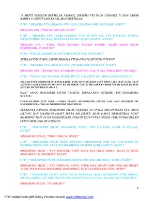 9
15 MENIT SEBELUM BERTOLAK PANGGIL SIRACHA VTS PADA CHANNEL 73 DAN LAPOR
BAHWA 15 MENIT LAGI KAPAL AKAN BERTOLAK.
CTPF ; "SIRACHA VTS, SIRACHA VTS, PNIF CALLING COME IN PLEASE OVER"?
SIRACHA VTS ; "PNIF GO AHEAD, OVER?"
CTPF ; "SIRACHA VTS, GOOD EVENING THIS IS PNIF MV. CTP FORTUNE WITHIN
FIFTEEN MINUTES WILL BE DEPART FROM LAEM CHABANG, OVER?"
SIRACHA VTS ; "COPY YOUR MESAGE, PLEASE REPORT AGAIN WHEN PILOT
DISEMBARK, STAND BY!"
CTPF ; "ROGER, REPORT AGAIN WHEN PILOT OFF, STAND BY!"
SETELAH PILOT OFF, LAPOR SIRACHA VTS BAHWA PILOT SUDAH TURUN
CTPF ; "SIRACHA VTS, SIRACHA VTS, CTP FORTUNE PILOT OFF, OVER"?
SIRACHA VTS ; "THANK YOU, STAND BY CHANNEL 16 & 73 ALL TIMES, BON VOYAGE!".
CTPF ; "THANK YOU MADAM, STAND BY CH.16 & CH.73 ALL TIMES, GOOD WATCH!
SELANJUTNYA PERHATIKAN KAPAL-KAPAL YANG DATANG DARI LAUT CHINA SELATAN YANG AKAN
MENUJU LAEM CHABANG MAUPUN KE BANGKOK UNTUK MELAKUKAN KOMUNIKASI KESELAMATAN
SESUAI CONTOH DI HALAMAN 2.
SAAT AKAN MEMASUKI UJUNG TRAFFIC SEPARATION SCHEME (TSS SINGAPORE
STRAIT)
COMMUNICATION WITH VT(I)S = VESSEL TRAFFIC (INFORMATION) SERVICE SAAT AKAN MEMASUKI TSS
SINGAPORE STRAIT MELALUI HORSBOURGH LIGHT HOUSE.
SEBAIKNYA PANGGIL SINGAPORE PILOT CHANNEL 20 UNTUK MELAPORKAN ETA, ARAH
DATANG DAN MAXIMUM DRAFT SERTA AIR DRAFT, AGAR DAPAT MEMASTIKAN PILOT
BOARDING TIME GUNA MENENTUKAN APAKAH TETAP FULL SPEED ATAU SUDAH BOLEH
LEBIH AWAL END OF PASSAGE.
CTPF ; "SINGAPORE PILOT, SINGAPORE PILOT, PNIF CALLING, COME IN PLEASE,
OVER?"
SINGAPORE PILOT ; "PNIF COME IN, OVER?"
CTPF ; "SINGAPORE PILOT GOOD EVENING SIR/MADAM, PNIF MV. CTP FORTUNE
COMING FROM EAST, ETA EAST BOARDING GROUND ALPHA 0500LT, OVER.?"
SINGAPORE PILOT ; "CTP FORTUNE, COPY YOUR ETA EBGA 0500LT, WHAT IS YOUR
MAX DRAFT & AIR DRAFT, OVER?"
CTPF ; "SINGAPORE PILOT, MAXIMUM DRAFT 8.0M AND AIR DRAFT 36.0M , OVER.?"
SINGAPORE PILOT ; "CTP FORTUNE, COPY, YOUR MAX DRAFT 8.0M AND AIR DRAFT
36.0M, YOUR PILOT BOARDING TIME 0600LT, PILOT LADDER LEE SIDE, OVER?"
CTPF ; "SINGAPORE PILOT, COPY YOUR MESSAGE PILOT BOARDING TIME 0600LT,
PILOT LADDER LEE SIDE ONE METER ABOVE WATER LEVEL, THANK YOU STAND BY!"
SINGAPORE PILOT ; "STAND BY?"
PDF created with pdfFactory Pro trial version www.pdffactory.com
 