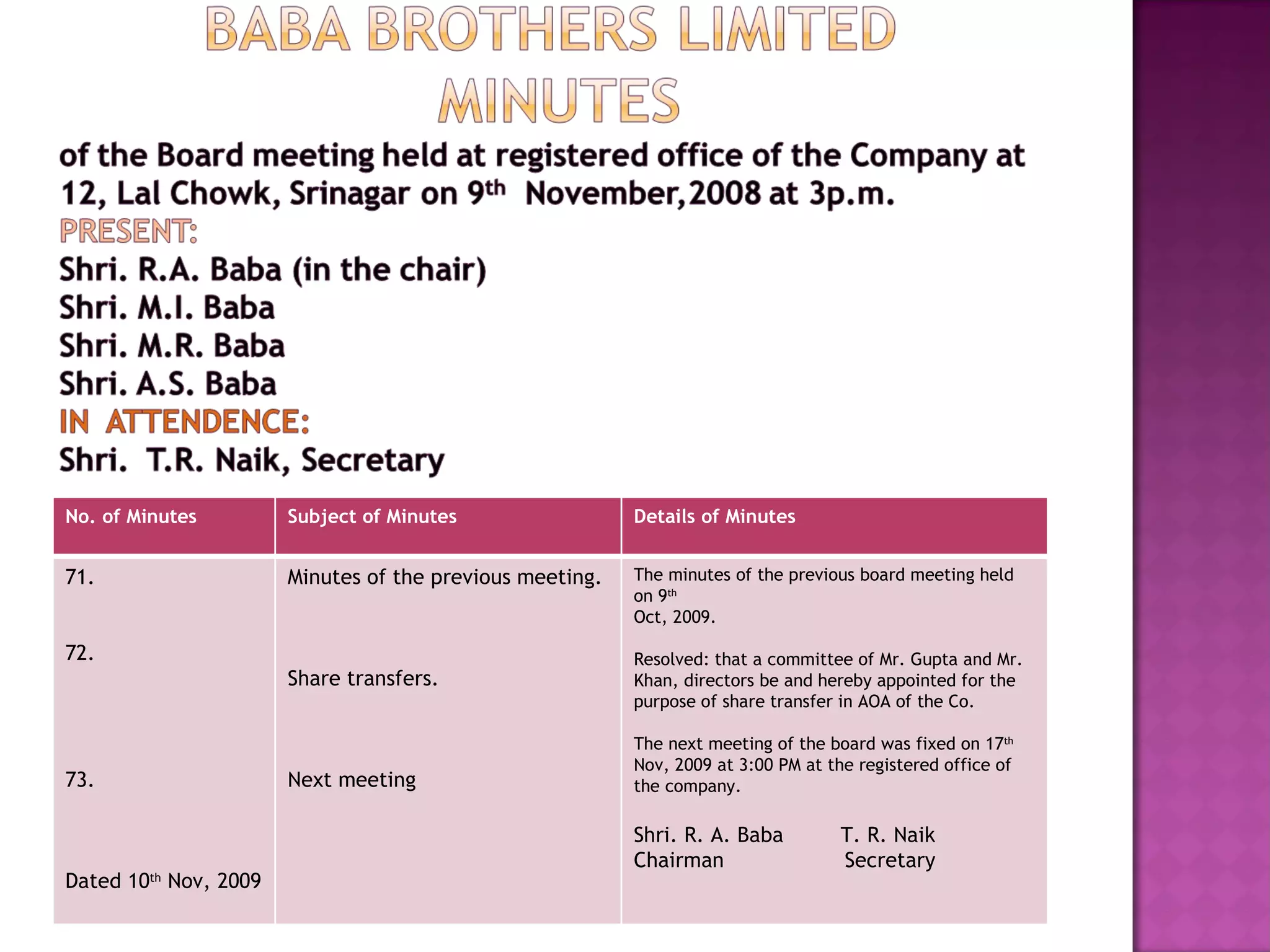 No. of Minutes Subject of Minutes Details of Minutes 71.  72. 73. Dated 10 th  Nov, 2009 Minutes of the previous meeting. Share transfers. Next meeting The minutes of the previous board meeting held on 9 th   Oct, 2009.  Resolved: that a committee of Mr. Gupta and Mr. Khan, directors be and hereby appointed for the purpose of share transfer in AOA of the Co.  The next meeting of the board was fixed on 17 th  Nov, 2009 at 3:00 PM at the registered office of the company. Shri. R. A. Baba  T. R. Naik Chairman  Secretary 