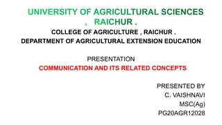 COLLEGE OF AGRICULTURE , RAICHUR .
DEPARTMENT OF AGRICULTURAL EXTENSION EDUCATION
PRESENTATION
COMMUNICATION AND ITS RELATED CONCEPTS
PRESENTED BY
C. VAISHNAVI
MSC(Ag)
PG20AGR12028
 