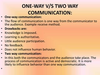 ONE-WAY V/S TWO WAY
                COMMUNICATION:
• One-way communication:
• The flow of communication is one way from the communicator to
  the audience. Example receive method.
• Drawbacks are:
• Knowledge is imposed.
• Learning is authoritative.
• Little audience participation.
• No feedback.
• Does not influence human behavior.
• Two way communication:
• In this both the communicators and the audience take place. The
  process of communication is active and democratic. It is more
  likely to influence behavior than one way communication.
•
 