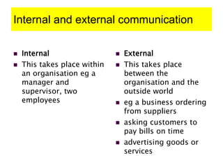 Internal and external communication
 Internal
 This takes place within
an organisation eg a
manager and
supervisor, two
employees
 External
 This takes place
between the
organisation and the
outside world
 eg a business ordering
from suppliers
 asking customers to
pay bills on time
 advertising goods or
services
 