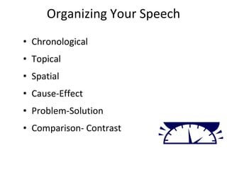 Organizing Your Speech <ul><li>Chronological </li></ul><ul><li>Topical </li></ul><ul><li>Spatial </li></ul><ul><li>Cause-E...