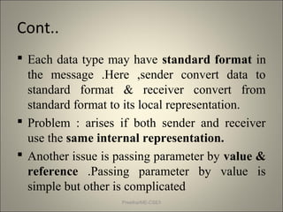 Cont..
 Each data type may have standard format in
the message .Here ,sender convert data to
standard format & receiver convert from
standard format to its local representation.
 Problem : arises if both sender and receiver
use the same internal representation.
 Another issue is passing parameter by value &
reference .Passing parameter by value is
simple but other is complicated
Preetha/ME-CSE/I
 