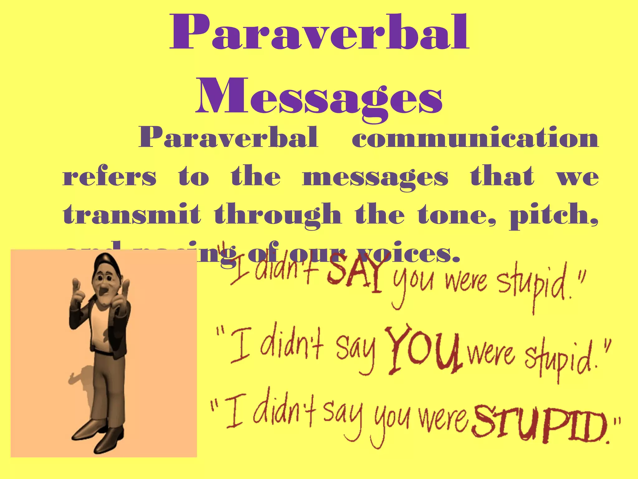 Paraverbal
Messages
Paraverbal communication
refers to the messages that we
transmit through the tone, pitch,
and pacing of our voices.
 