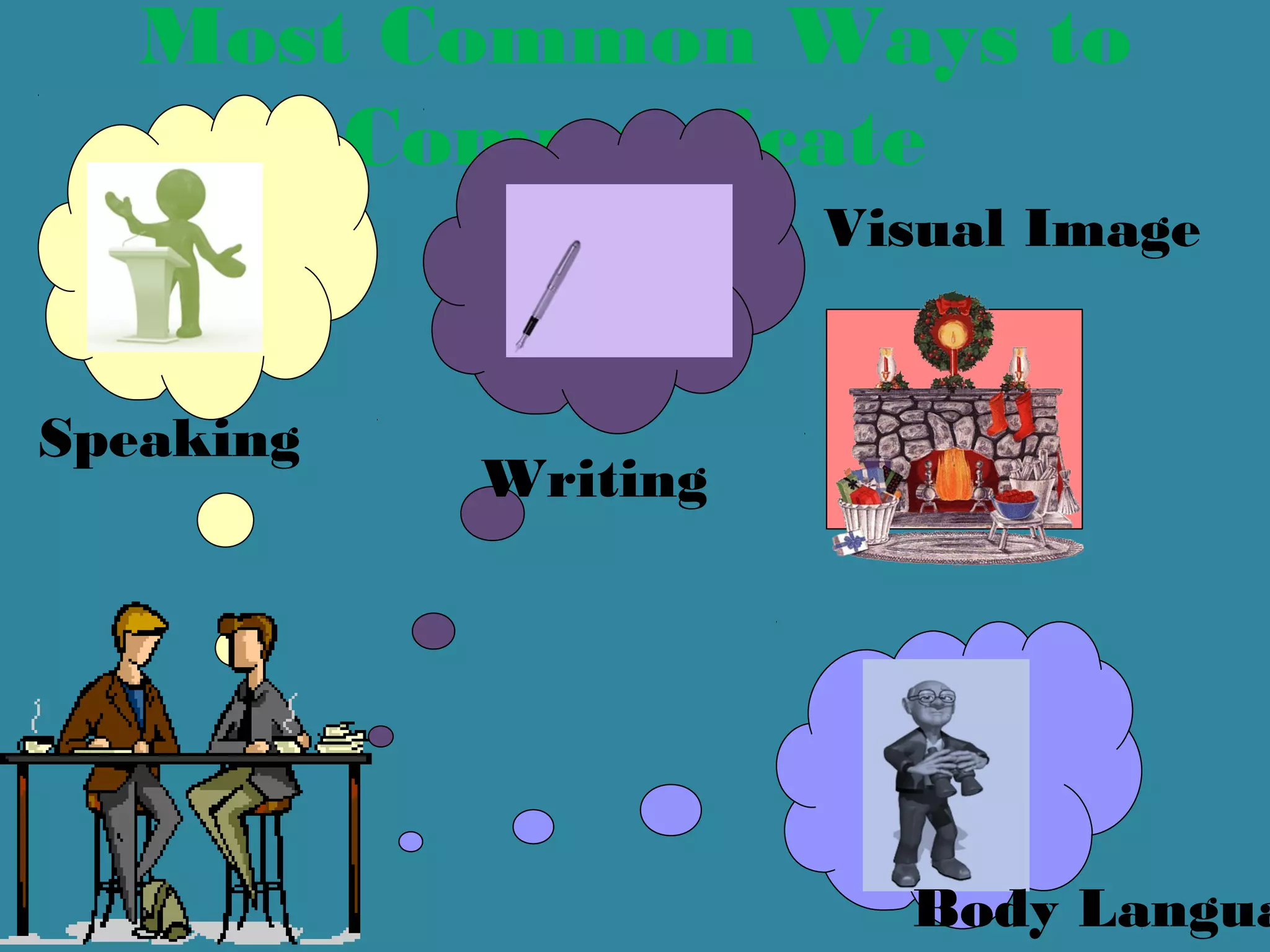 Most Common Ways to
Communicate
Writing
Speaking
Writing
Visual Image
Body Langua
 
