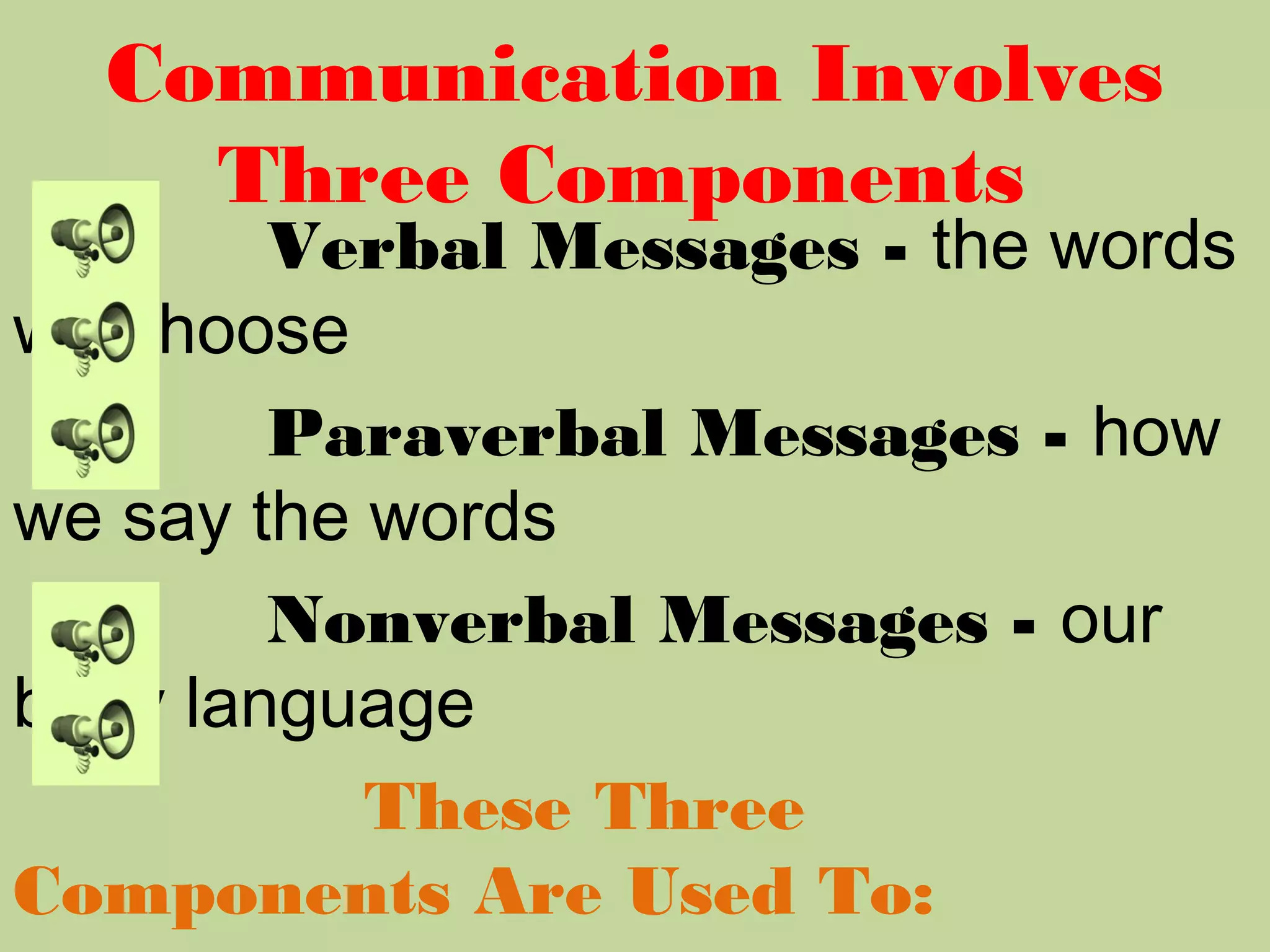 Communication Involves
Three Components
Verbal Messages - the words
we choose
Paraverbal Messages - how
we say the words
Nonverbal Messages - our
body language
These Three
Components Are Used To:
 