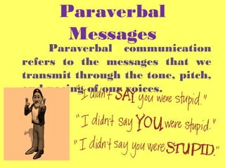 Paraverbal
Messages
Paraverbal communication
refers to the messages that we
transmit through the tone, pitch,
and pacing of our voices.
 