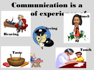 Communication is a
series of experience of
Hearing
Seeing
Smell
Taste
Touch
 