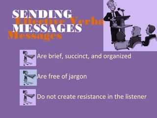 Effective Verbal
Messages
Are brief, succinct, and organized
Are free of jargon
Do not create resistance in the listener
SENDING
MESSAGES
 