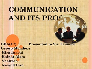COMMUNICATION
AND ITS PROCESS.
BBA(4th
) Presented to Sir Taimoor
Group Members
•Hira Inayat
•Kainat Alam
•Shahzeb
•Nisar KHan
 
