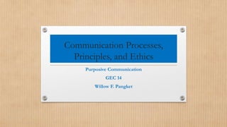 Communication Processes,
Principles, and Ethics
Purposive Communication
GEC 14
Willow F. Pangket
 