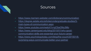 Sources
- https://www.merriam-webster.com/dictionary/communication
- https://degree.astate.edu/articles/undergraduate-studies/3-
main-types-of-communication.aspx
- https://www.youtube.com/watch?v=gCfzeONu3Mo
- https://www.careerquest.edu/blog/2015/01/why-good-
communication-skills-are-essential-your-future-career
- https://www.psychologytoday.com/blog/the-couch/201501/6-
surprising-ways-communicate-better-your-partner
 