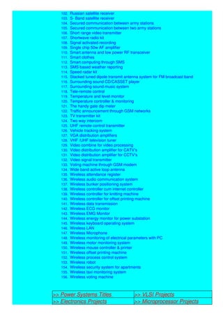 101. Robotic control through RF
102. Russian satellite receiver
103. S- Band satellite receiver
104. Secured communication between army stations
105. Secured communication between two army stations
106. Short range video transmitter
107. Shortwave radio kit
108. Signal activated recording
109. Single chip 50w AF amplifier
110. Smart antenna and low power RF transceiver
111. Smart clothes
112. Smart computing through SMS
113. SMS based weather reporting
114. Speed radar kit
115. Stacked tuned dipole transmit antenna system for FM broadcast band
116. Surrounding sound CD/CASSET player
117. Surrounding sound music system
118. Tele-remote control
119. Temperature and level monitor
120. Temperature controller & monitoring
121. The handy gate dip meter
122. Traffic announcement through GSM networks
123. TV transmitter kit
124. Two way intercom
125. UHF remote control transmitter
126. Vehicle tracking system
127. VGA distribution amplifiers
128. VHF /UHF television tuner
129. Video combine for video processing
130. Video distribution amplifier for CATV’s
131. Video distribution amplifier for CCTV’s
132. Video signal transmitter
133. Voting machine through GSM modem
134. Wide band active loop antenna
135. Wireless attendance register
136. Wireless audio communication system
137. Wireless bunker positioning system
138. Wireless controller cum internet controller
139. Wireless controller for knitting machine
140. Wireless controller for offset printing machine
141. Wireless data transmission
142. Wireless ECG monitor
143. Wireless EMG Monitor
144. Wireless energy monitor for power substation
145. Wireless keyboard operating system
146. Wireless LAN
147. Wireless Microphone
148. Wireless monitoring of electrical parameters with PC
149. Wireless motor monitoring system
150. Wireless mouse controller & printer
151. Wireless offset printing machine
152. Wireless process control system
153. Wireless robot
154. Wireless security system for apartments
155. Wireless taxi monitoring system
156. Wireless voting machine
>> Power Systems Titles >> VLSI Projects
>> Electronics Projects >> Microprocessor Projects
 